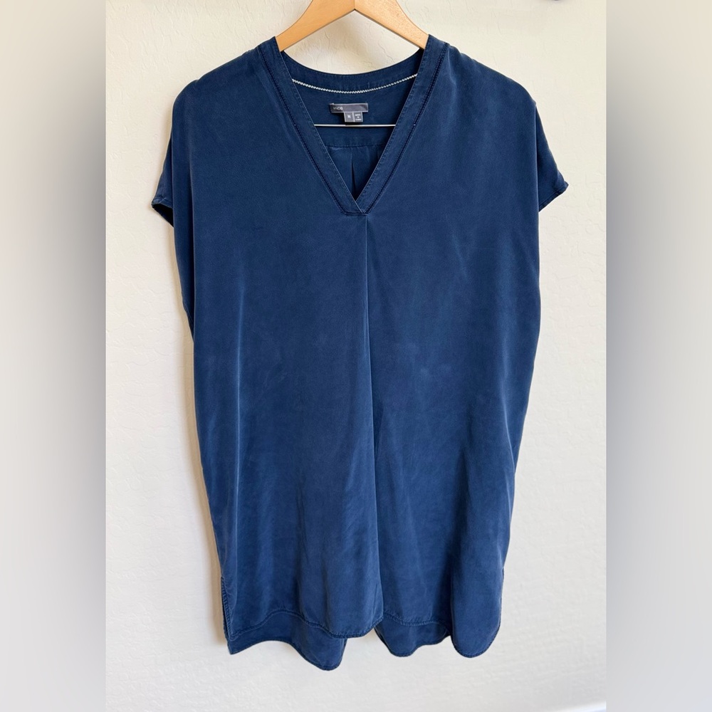 Vince Navy Blue 100% Silk V-Neck Popover Shift Dress Size M